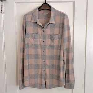 Faherty Legend Knit Button-Up Sweater Shirt Pink Gray Buffalo M